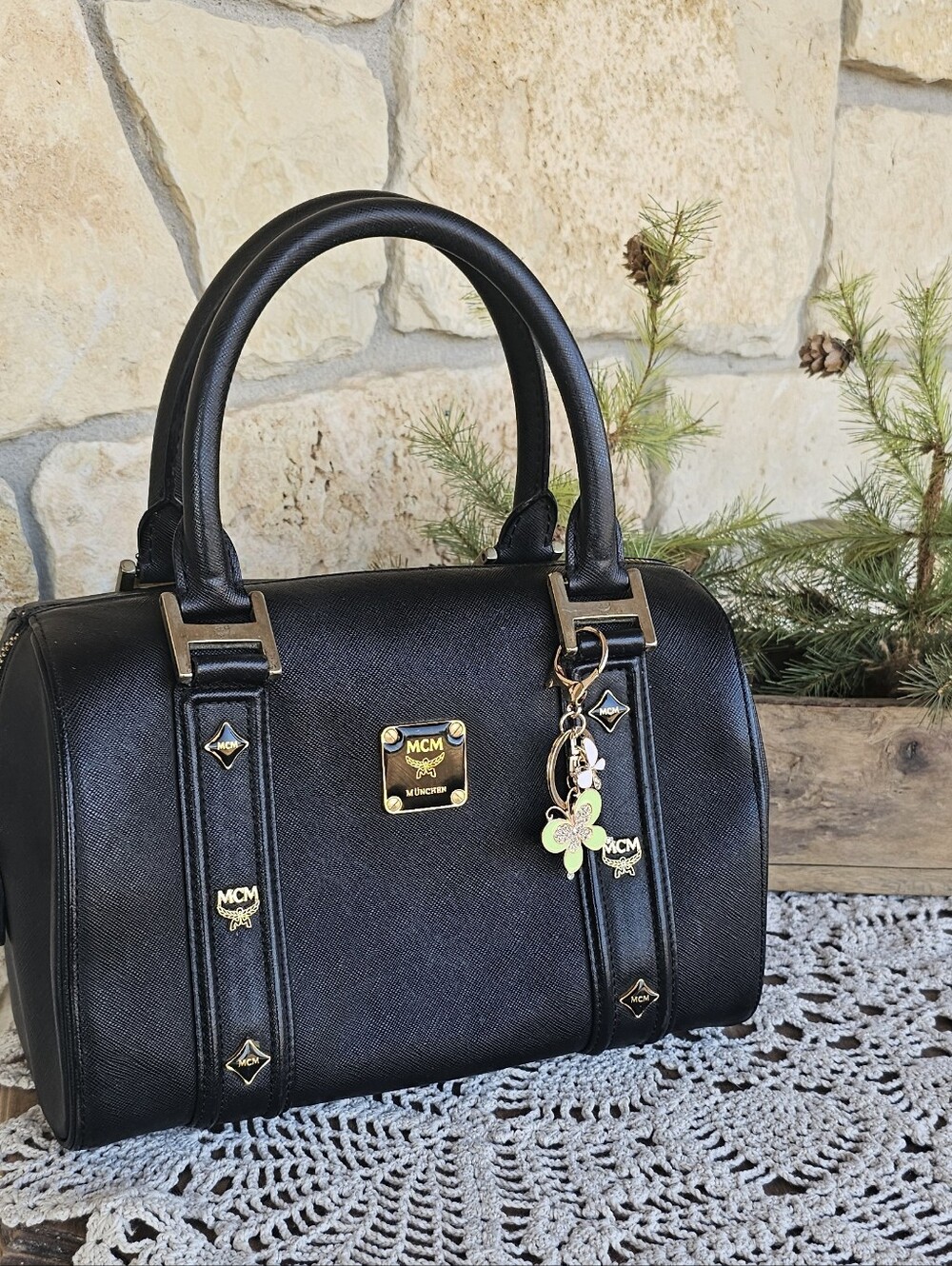 MCM Black Grained Leather Studded Boston Bag